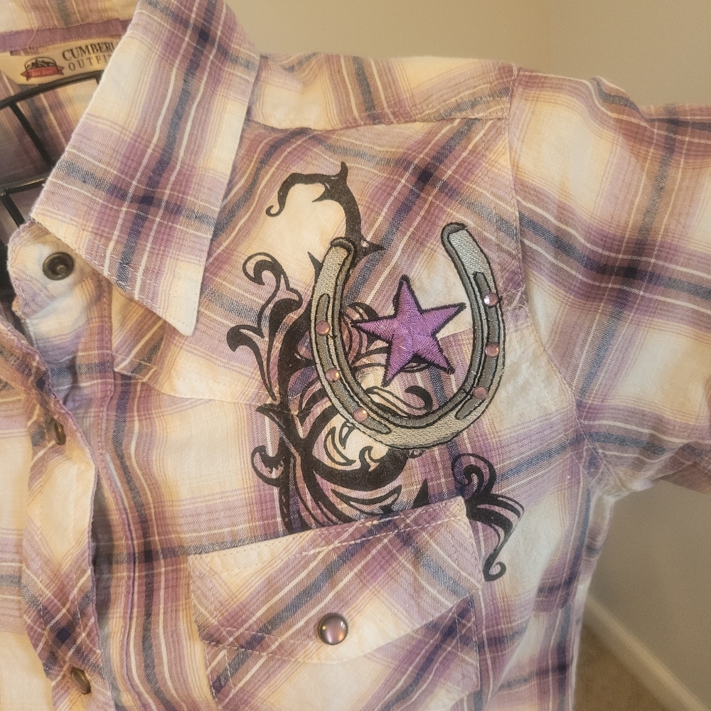 Cumberland Outfitters Pearl Snap Western Women's Short Sleeve Purple Plaid Small